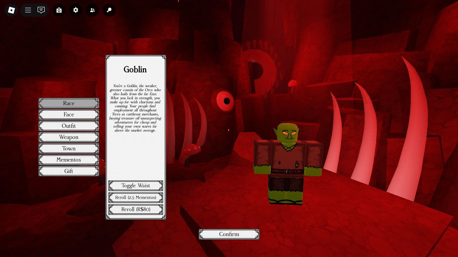 Character customization menu (Image via Roblox)